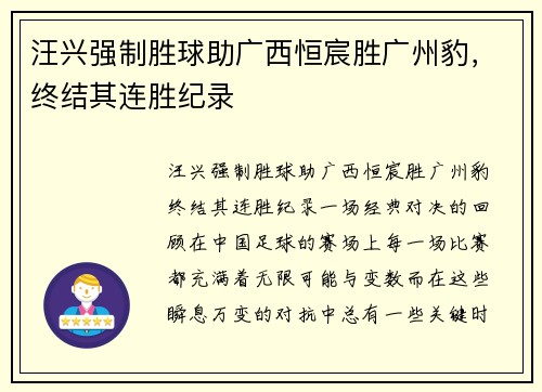 汪兴强制胜球助广西恒宸胜广州豹，终结其连胜纪录