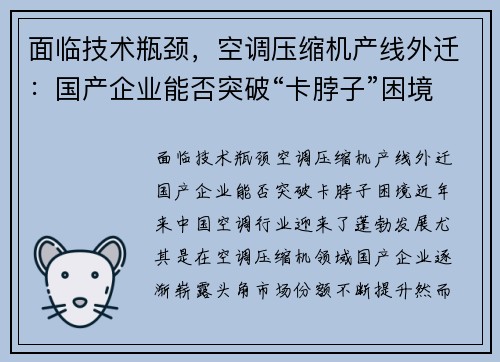 面临技术瓶颈，空调压缩机产线外迁：国产企业能否突破“卡脖子”困境？